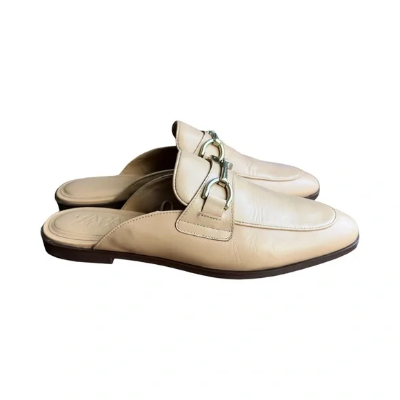 ZARA Beige Leather Horsebit Mule Loafers Slip On Flats Neutral Size 8.5 - Picture 5 of 7
